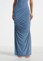 Bridget - V Neck Asym Ruched Maxi Dress - Blue