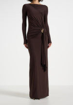 Edena - Asymmetric Ruched Draped Maxi Dress - Brown