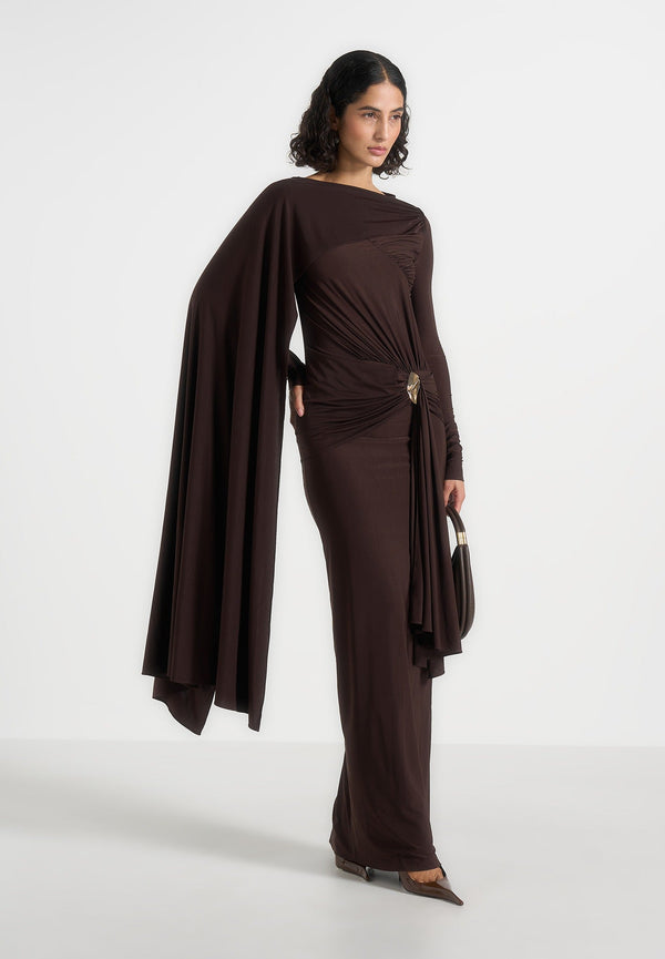 Edena - Asymmetric Ruched Draped Maxi Dress - Brown