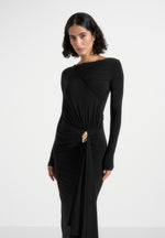 Edena - Asym Ruched Draped Maxi Dress - Black