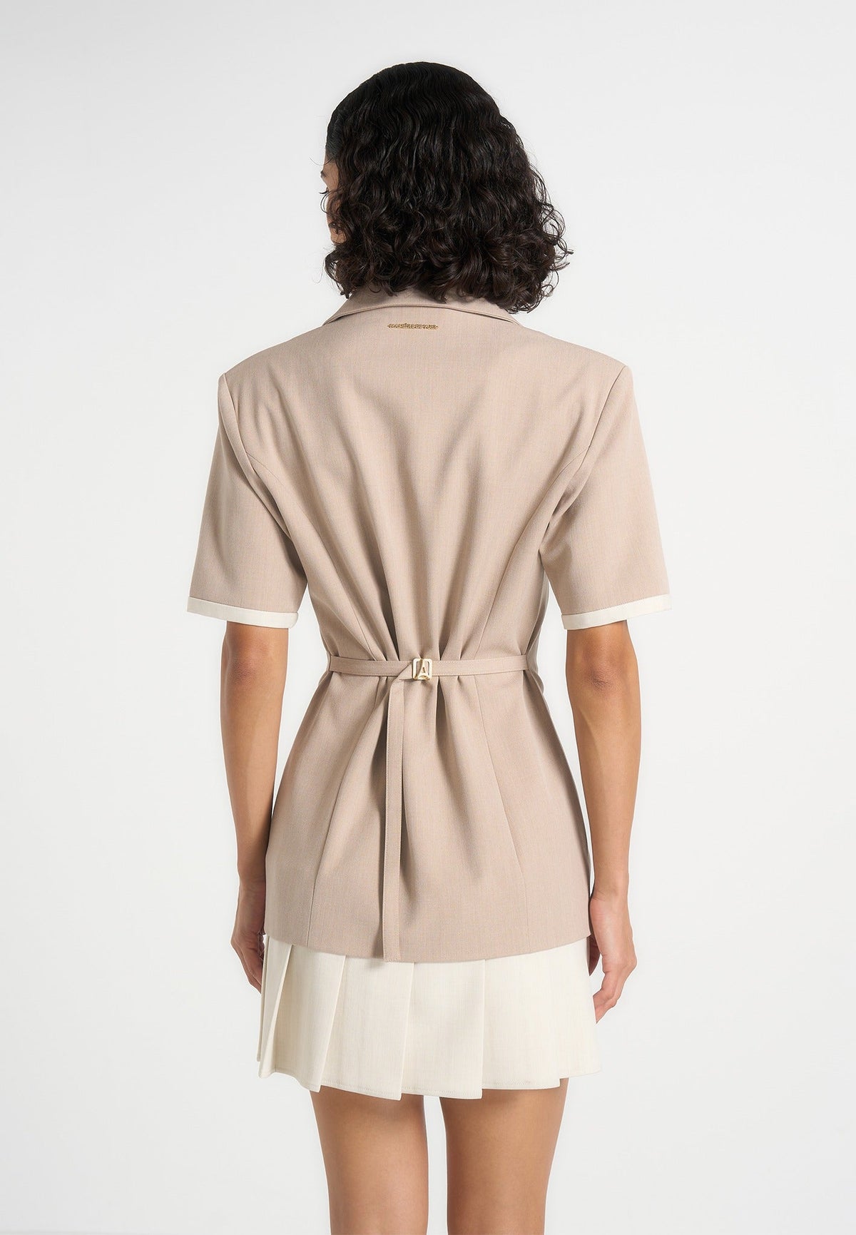 baya-tailored-cinch-waist-pleated-blazer-dress-beige