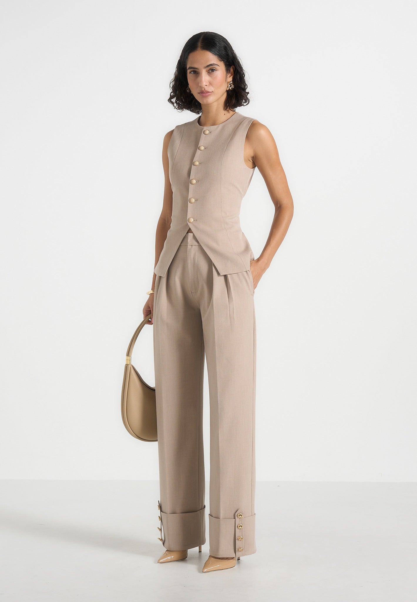 Darlene - Turn Up Detail Tailored Twin Pleat Pants - Beige 