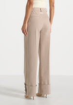 Darlene - Turn Up Detail Tailored Twin Pleat Pants - Beige