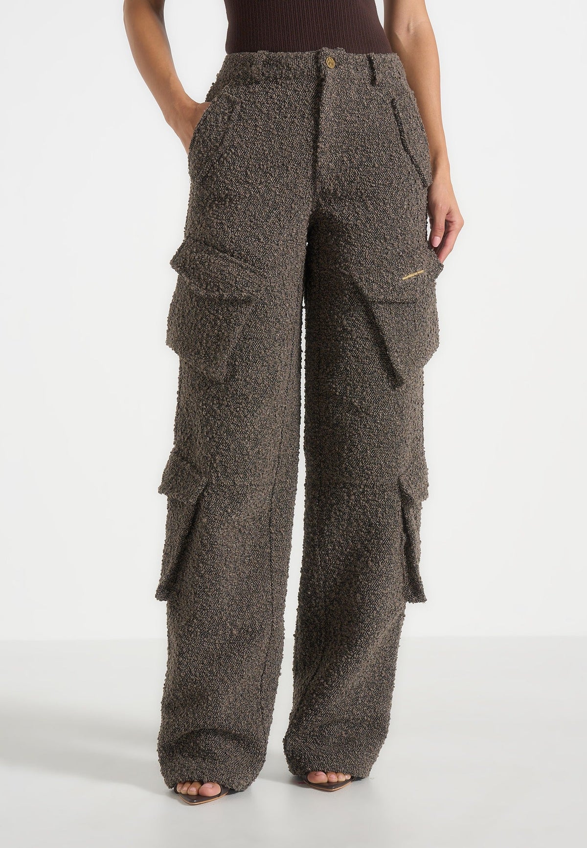 Anne - High Waisted Boucle Denim Cargo Pants - Brown