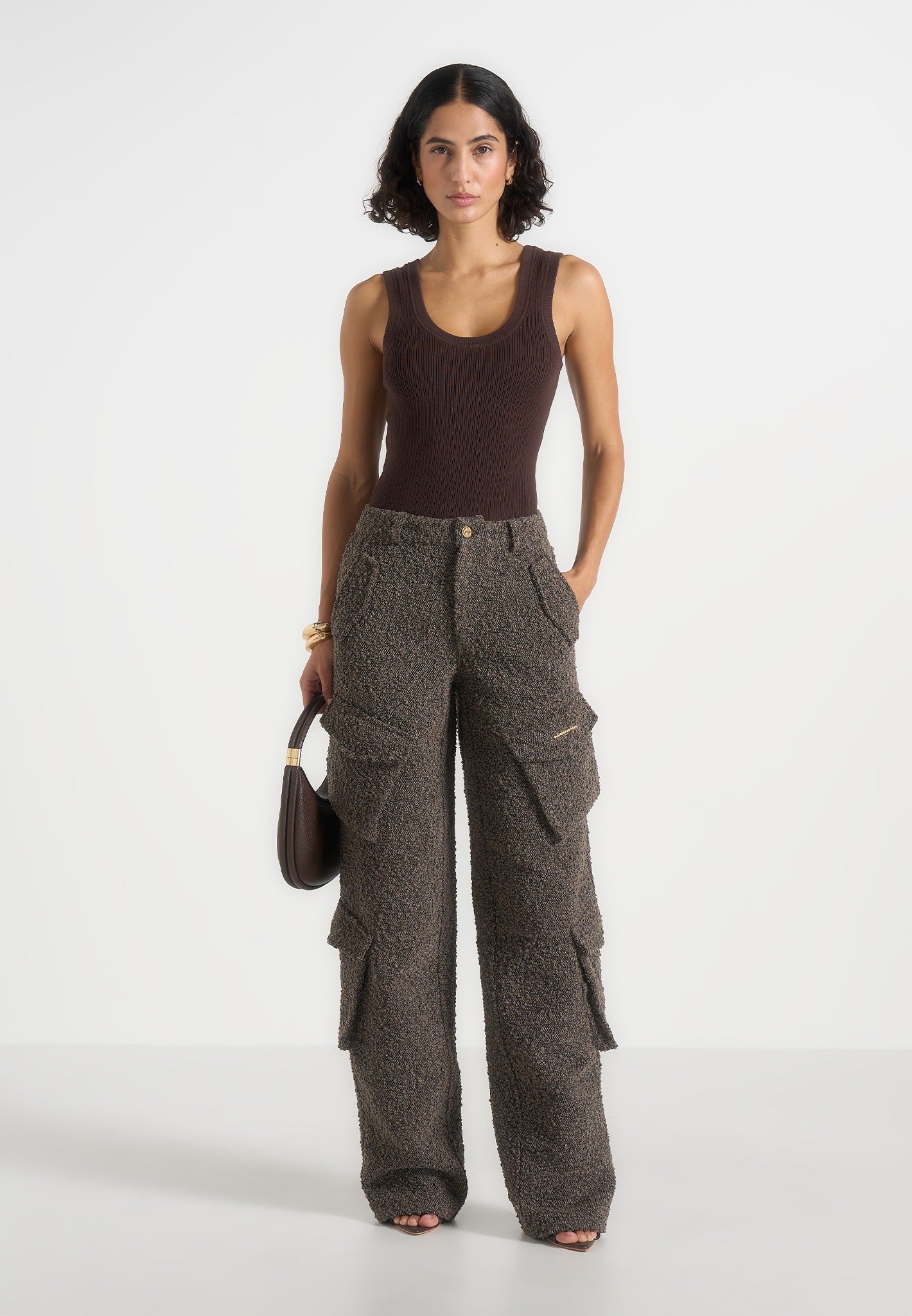 Anne - High Waisted Boucle Denim Cargo Pants - Brown 