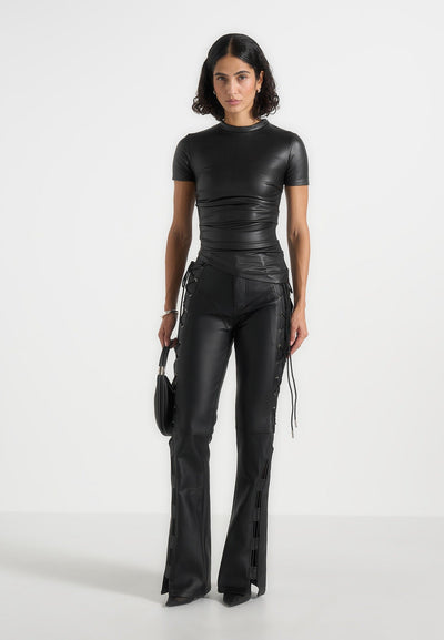 leather-ruched-t-shirt-black