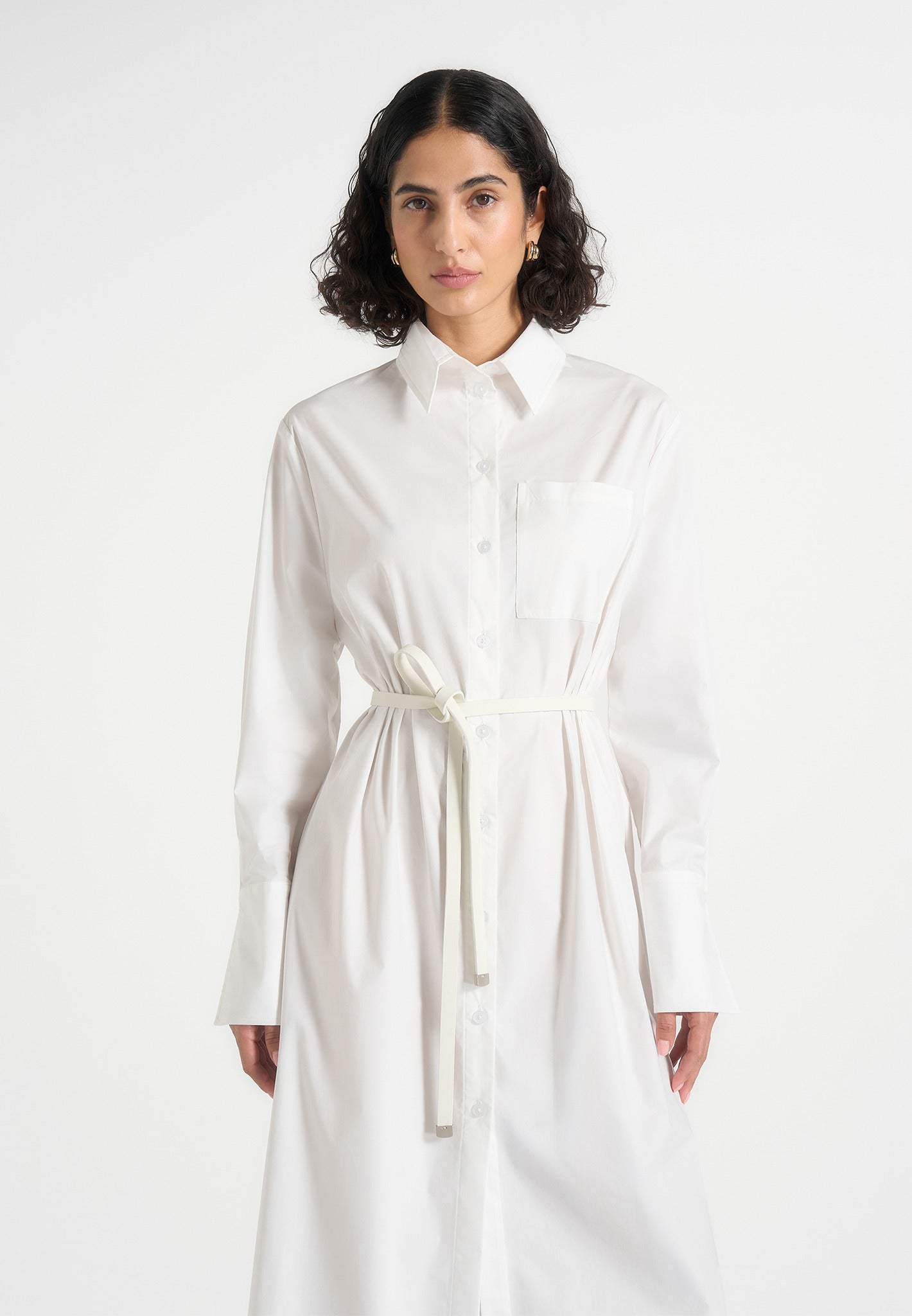 Isa - Belted Cotton Midi Shirt Dress - White 