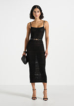 Danika - Metallic Rib Knit Belted Midi Dress - Black