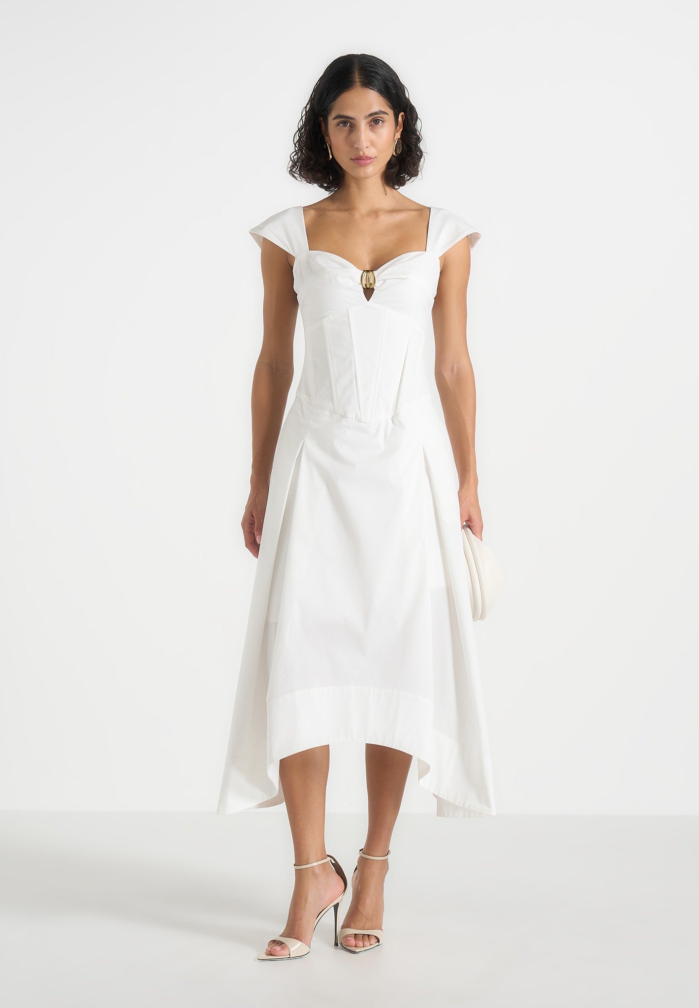 Faith - Cap Sleeve Corset Cotton Midi Dress  - White 