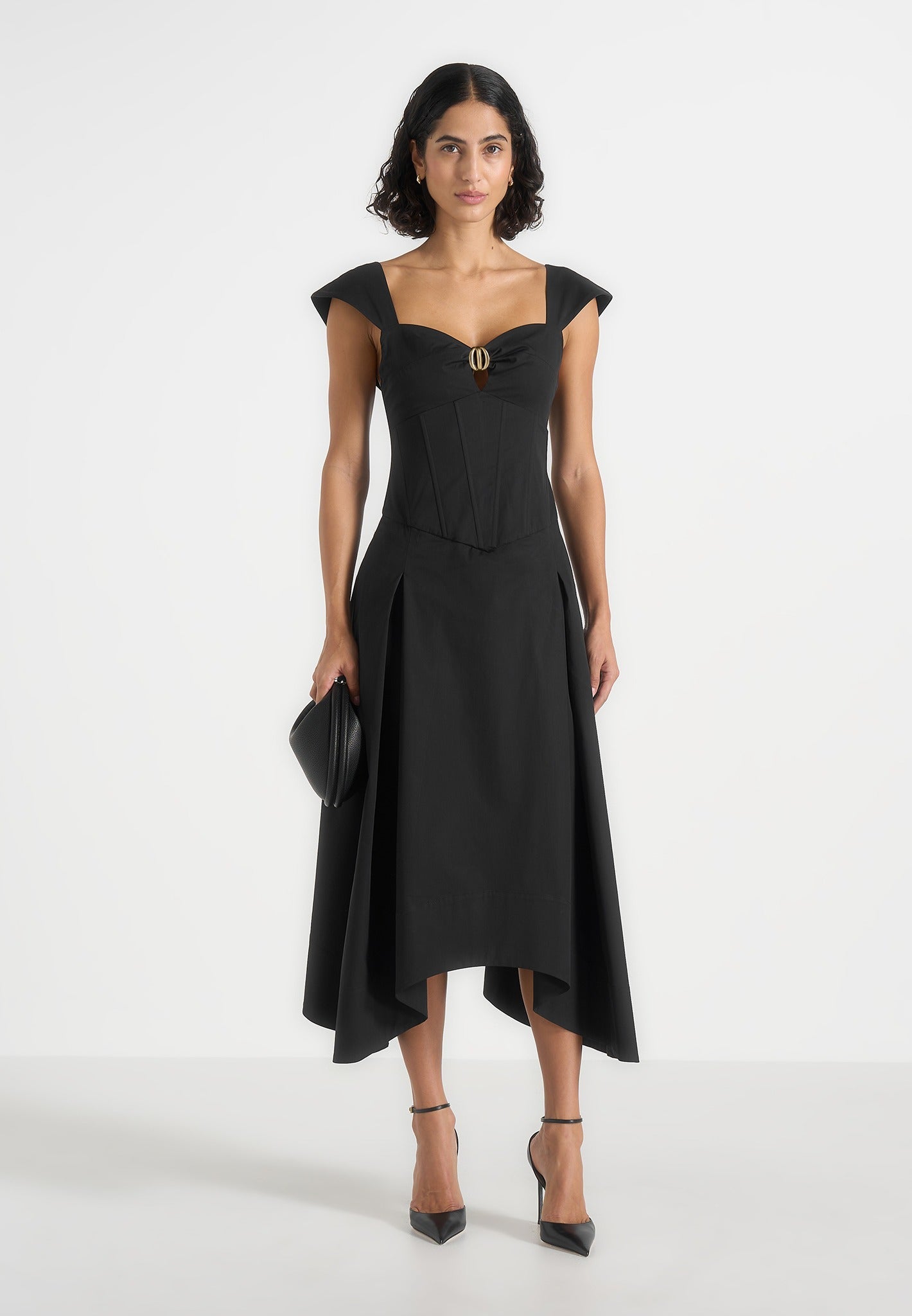 Faith - Cap Sleeve Corset Cotton Midi Dress - Black 