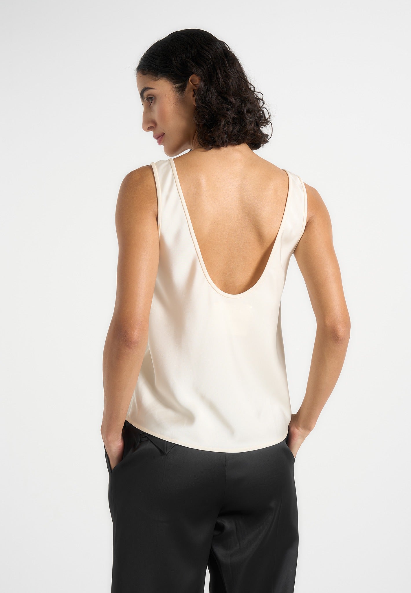 Mathilda - Satin Scoop Neck Open Back Vest - Ivory 