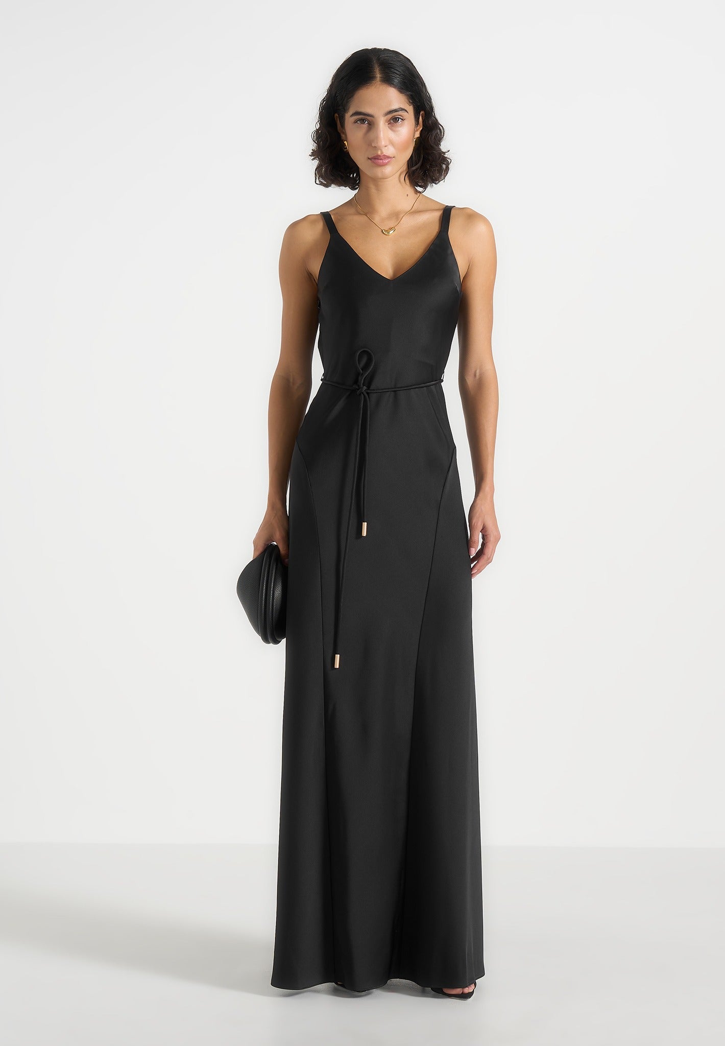 Saffron - Satin Belted Maxi Dress - Black 