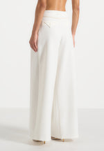 Flora - Box Pleat Wide Leg Belted Pants - White