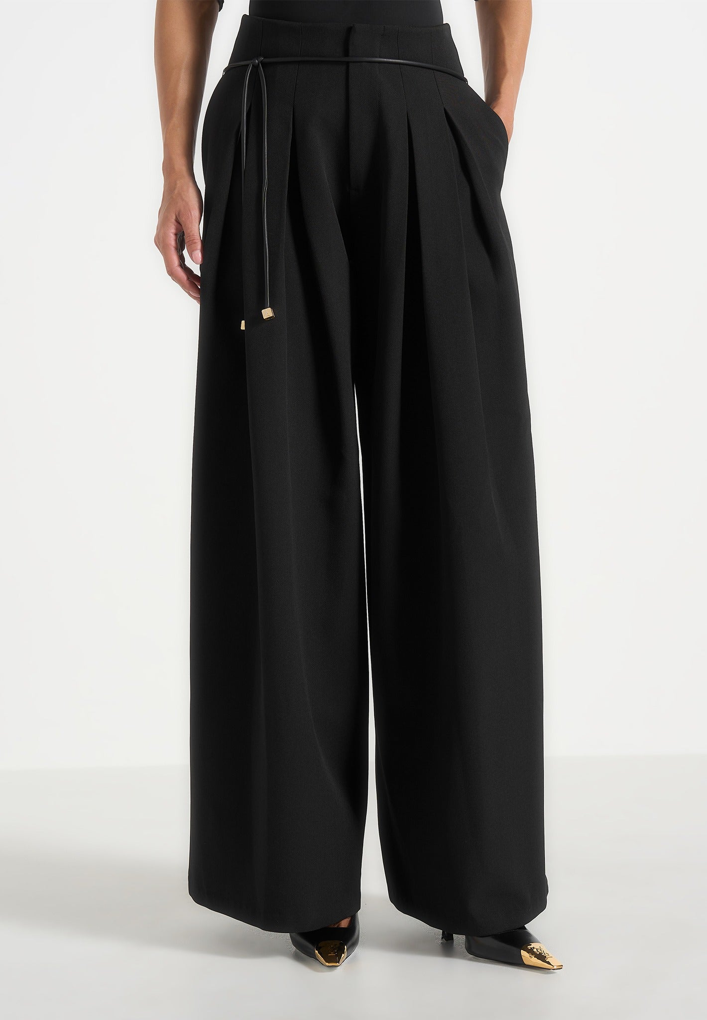 Flora - Box Pleat Wide Leg Belted Pants - Black 