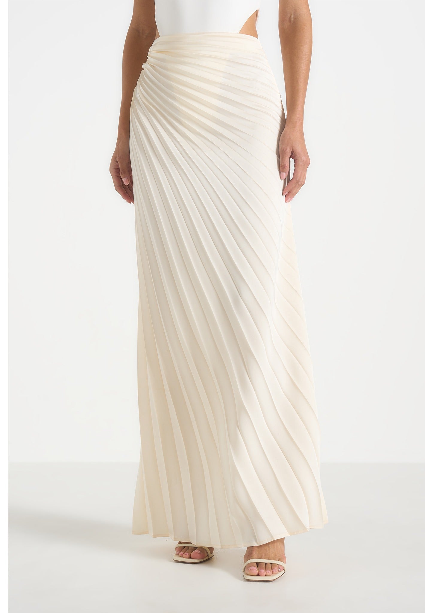 Fiona - Satin Fan Pleat Maxi Skirt - Ivory 