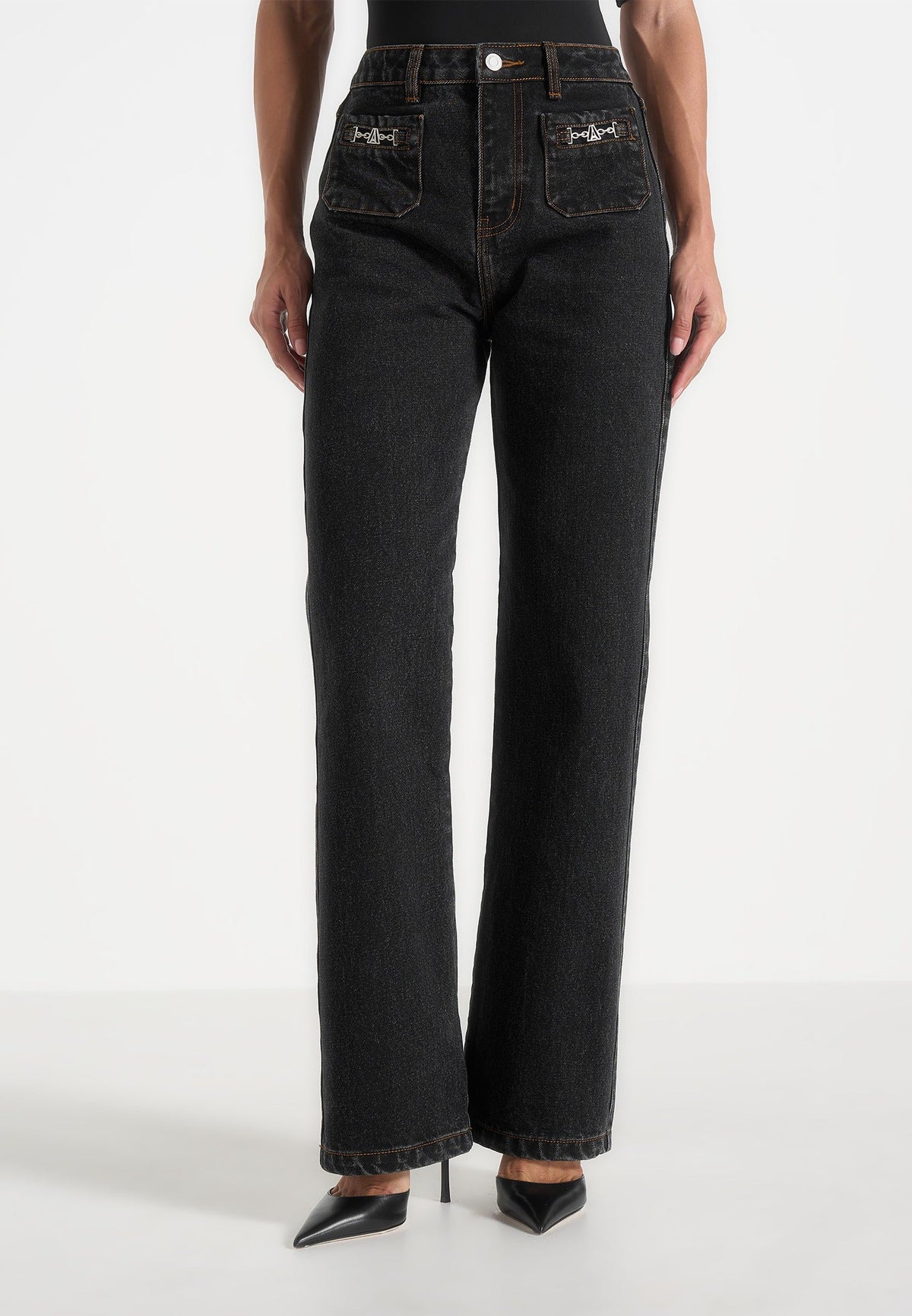 Frida -  Eiffel Detail Straight Leg Denim Jeans - Washed Black