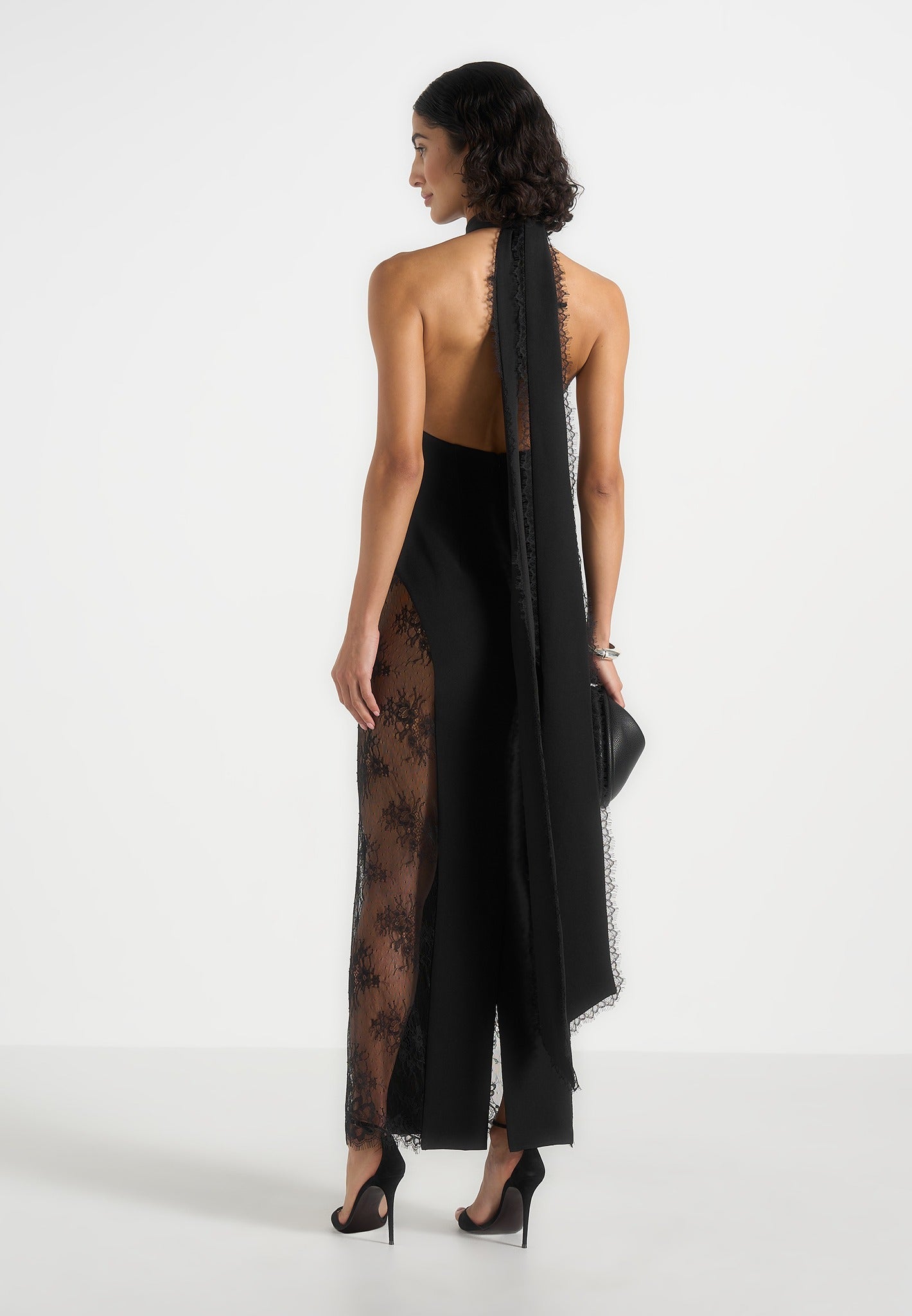 Jessica - Contour Lace Halter Drape Neck Maxi Dress - Black 
