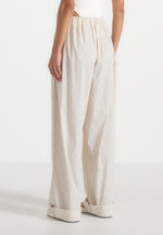 Ivanna - Elasticated Wide Leg Striped Cotton Pants - Cream