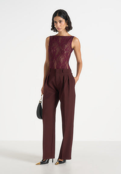 Rhonda - Open-Back Lace Bodysuit - Wine