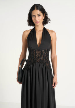 Ava - Halterneck Embellished Corset Gathered Maxi Dress - Black
