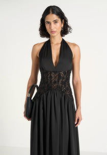 Ava - Halterneck Embellished Corset Gathered Maxi Dress - Black