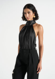 Phoebe - Satin Tie-Neck Blouson Open Back Bodysuit - Black