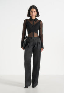 Canelle - Sheer Crossover Shirt Bodysuit – Black