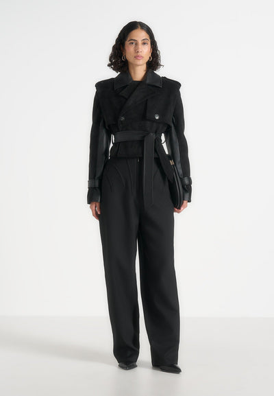 Lelia - Cropped Suede Trench 2-in-1 Gilet Coat With Belt - Black
