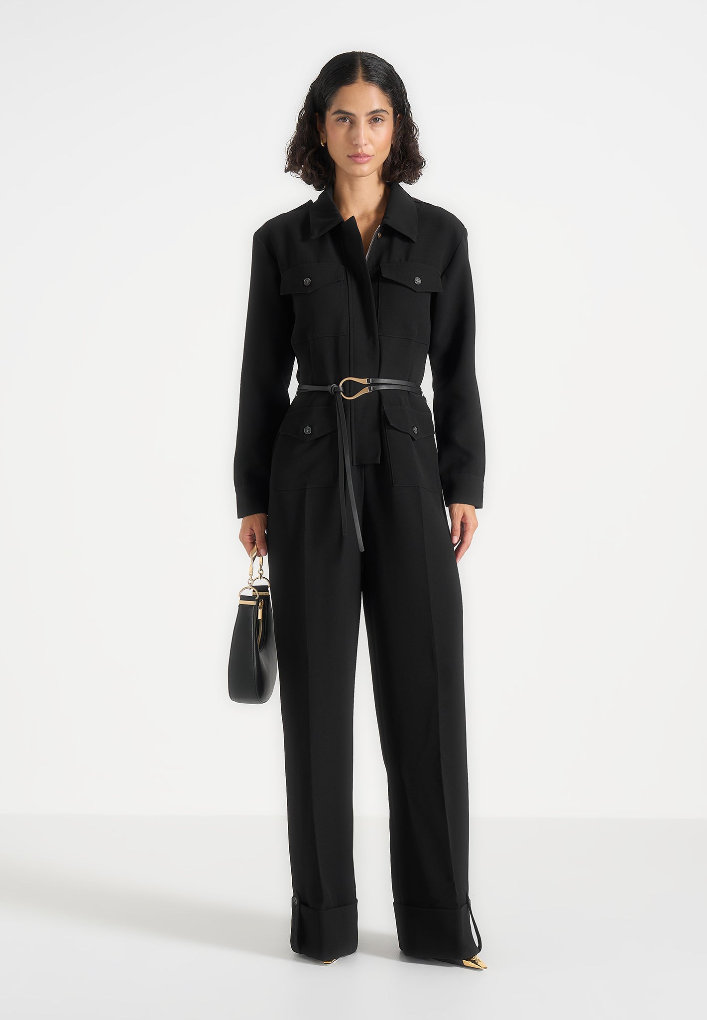 Ruby - Tailored Belted Cargo-Pocket Jumpsuit - Black