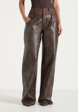 Carmen - Vintage Leather Double Waistband Pants - Brown