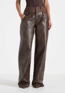 Carmen - Vintage Leather Double Waistband Trousers - Brown