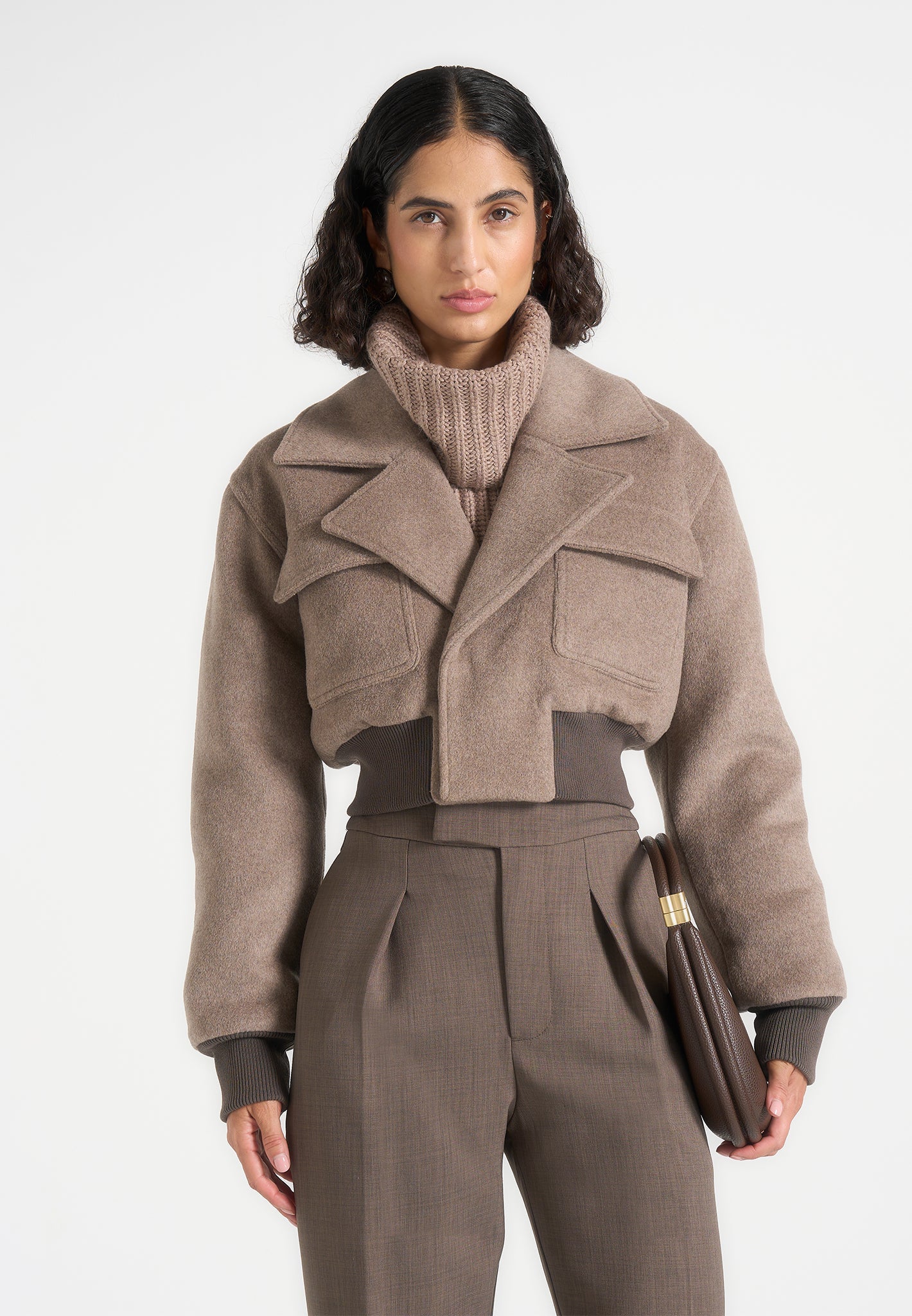 Cosette - Wool Lapel Bomber Jacket - Taupe