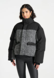 Oversized Tweed Puffer Jacket - Black