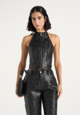 claudette-embossed-leather-halterneck-backless-top-black