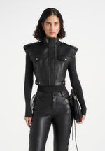 Imelda - Leather Cropped Wide Shoulder Sleeveless Jacket - Black
