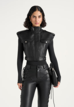 Imelda - Leather Cropped Wide Shoulder Sleeveless Jacket - Black