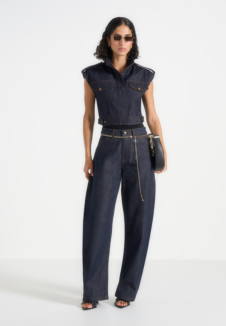 Imelda - Denim Cropped Wide Shoulder Sleeveless Jacket - Indigo
