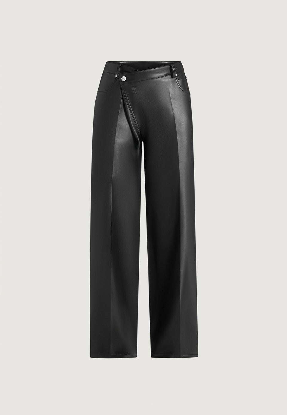 Astrid - Wrapover Wide Leg Leather Pants - Black