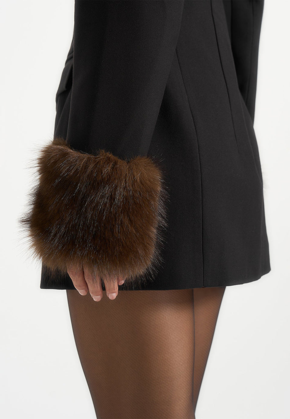 Amelie - Wool-Blend Fur Trim Hourglass Blazer Dress - Black / Brown