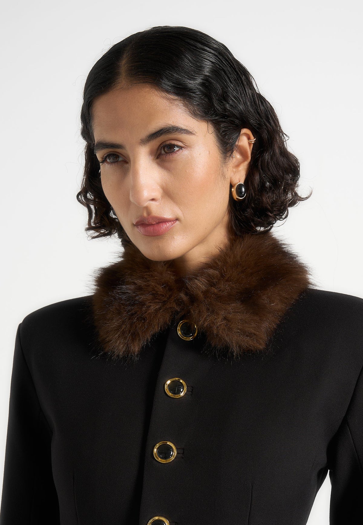 Amelie - Wool-Blend Fur Trim Hourglass Blazer Dress - Black / Brown