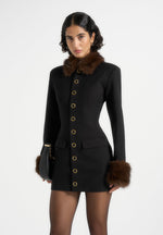 Amelie - Wool-Blend Fur Trim Hourglass Blazer Dress - Black / Brown