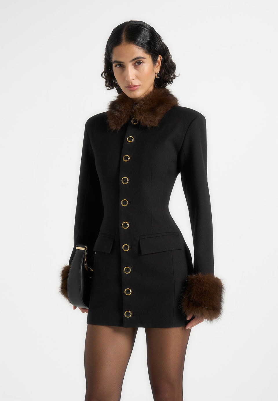 Amelie - Wool-Blend Fur Trim Hourglass Blazer Dress - Black / Brown