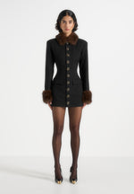 Amelie - Wool-Blend Fur Trim Hourglass Blazer Dress - Black / Brown
