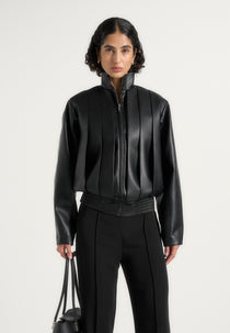 Kirsty - Oversized Pleated Leather Bomber Jacket - Black