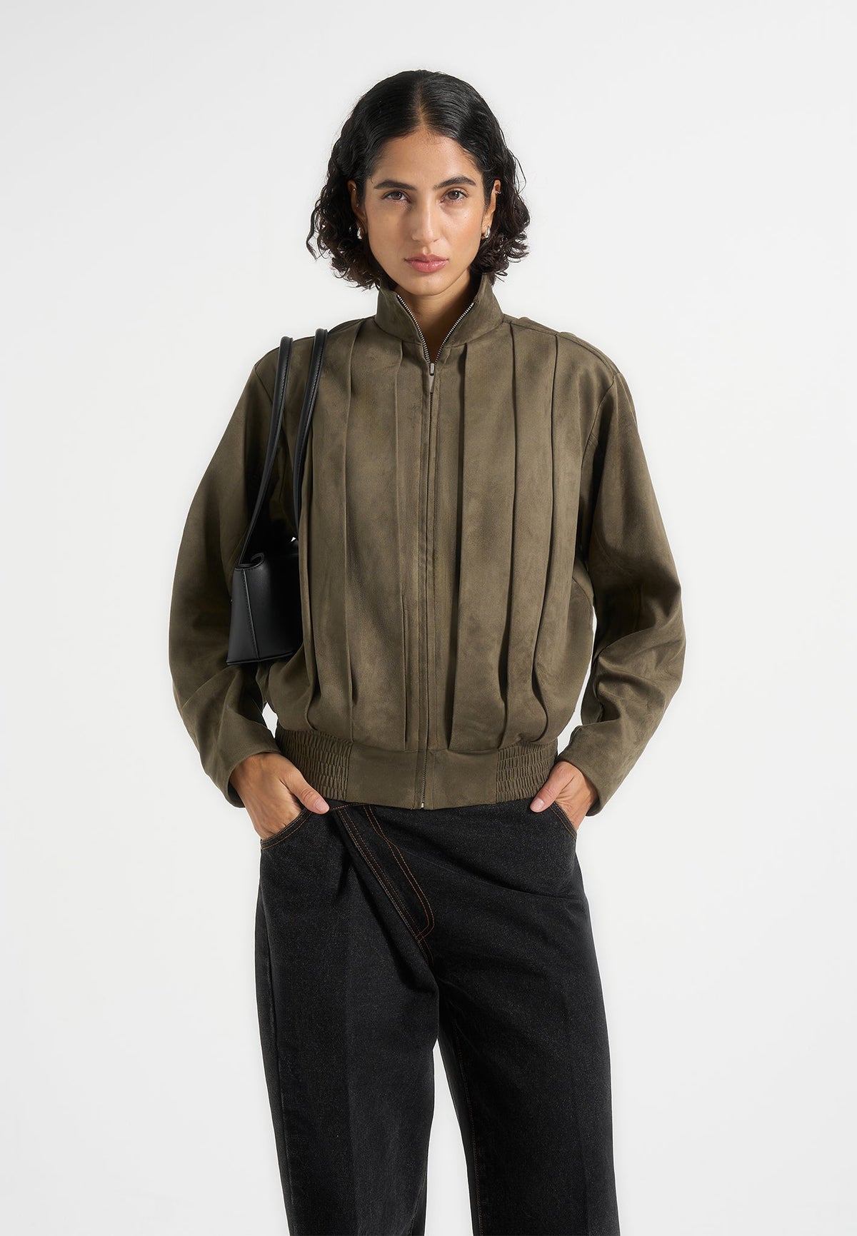 Kirsty - Oversized Pleated Suede Bomber Jacket - Dark Sage