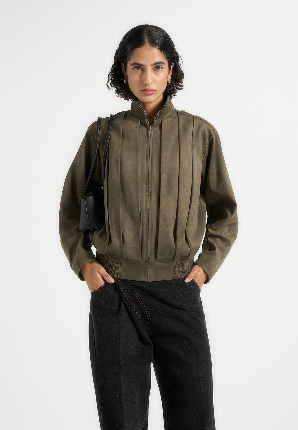 Piper - Oversized Pleated Suede Bomber Jacket - Dark Sage