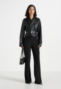Amara - Cropped Leather Belted Biker Jacket - Black