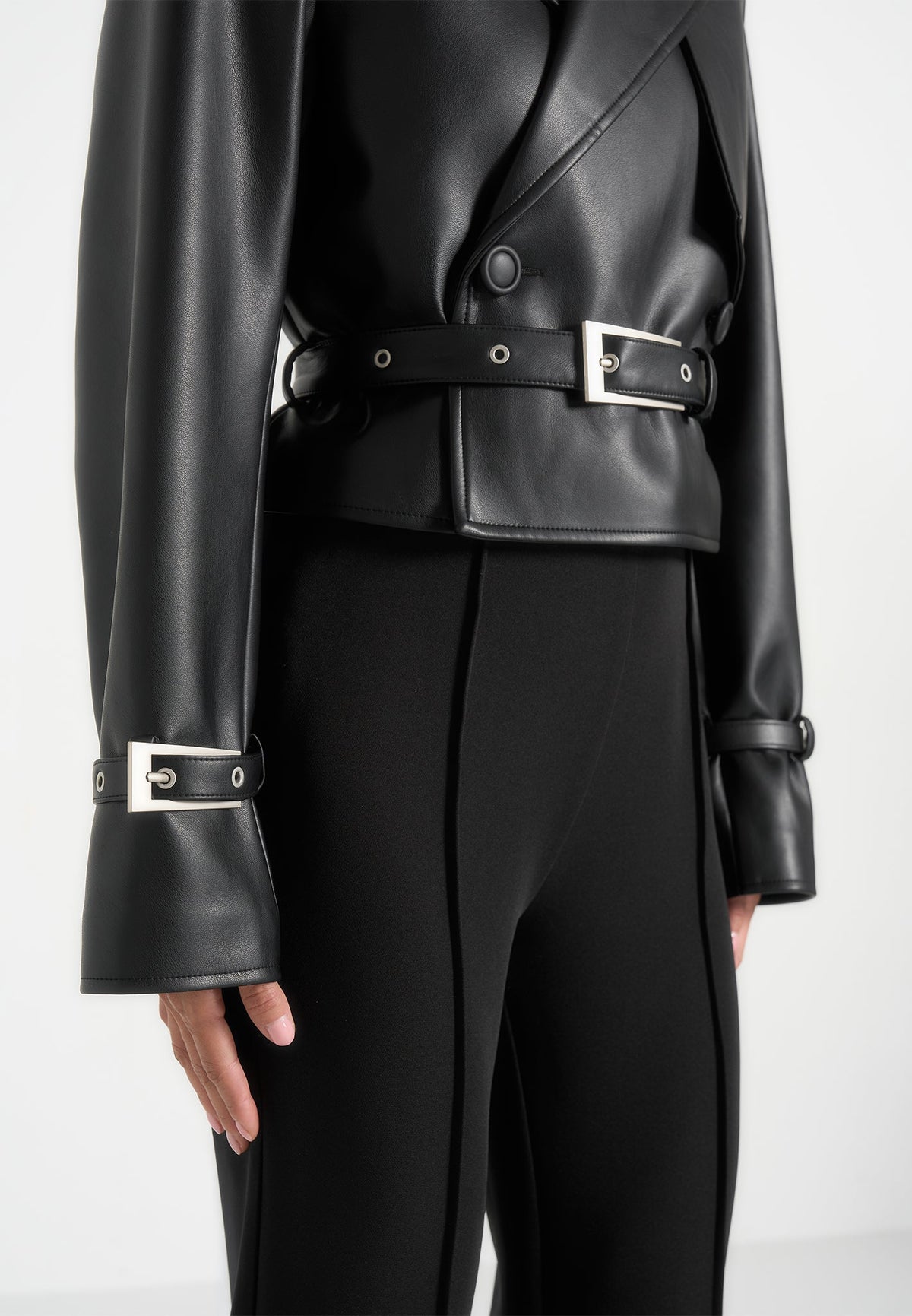 Amara - Cropped Leather Belted Biker Jacket - Black