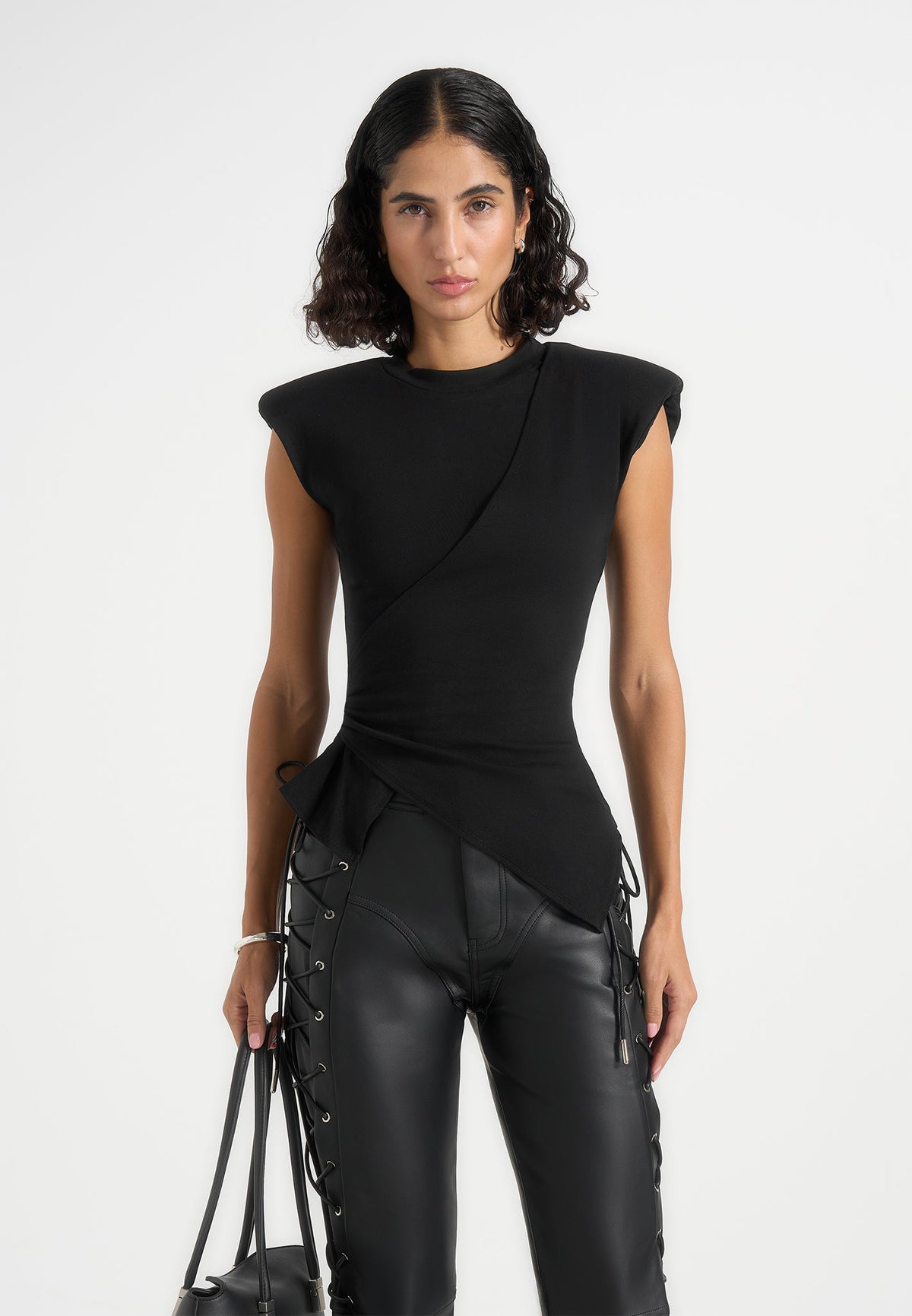 Paige - Wide Shoulder Ruched Waist Top - Black