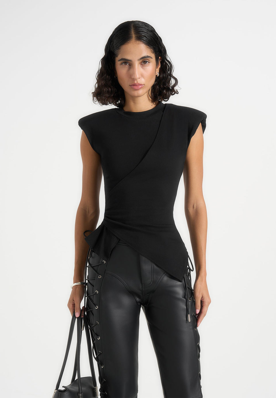 Paige - Wide Shoulder Ruched Waist Top - Black